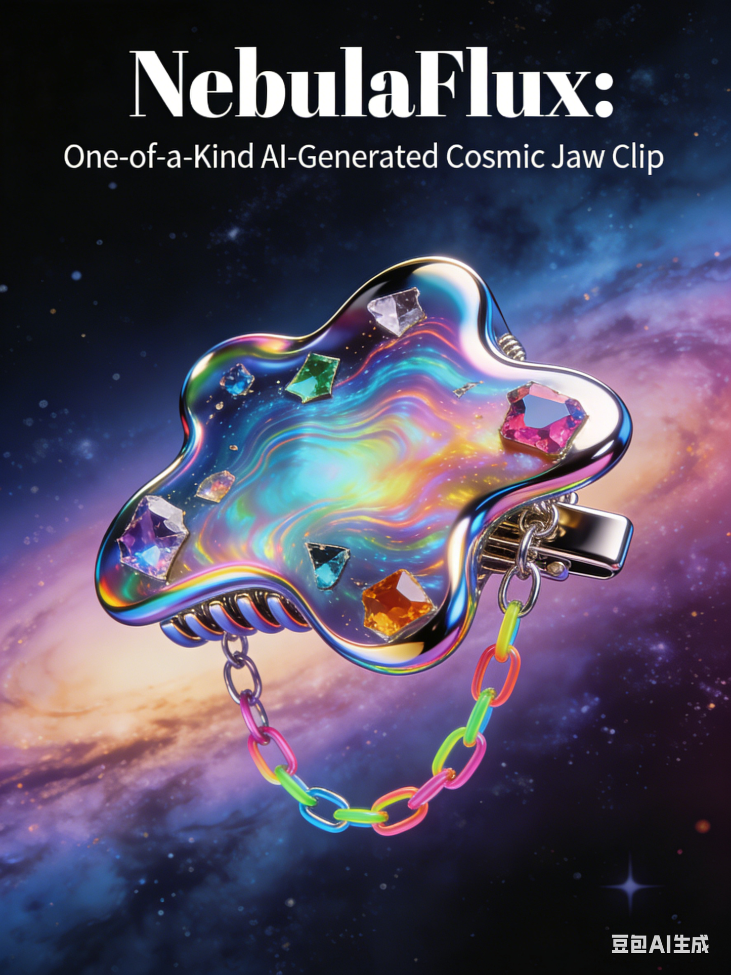 NebulaFlux Swirling Cosmic Jaw Clip – AI-Exclusive Liquid Holographic Frame with Irregular Gem & Neon Chain (One-of-a-Kind)