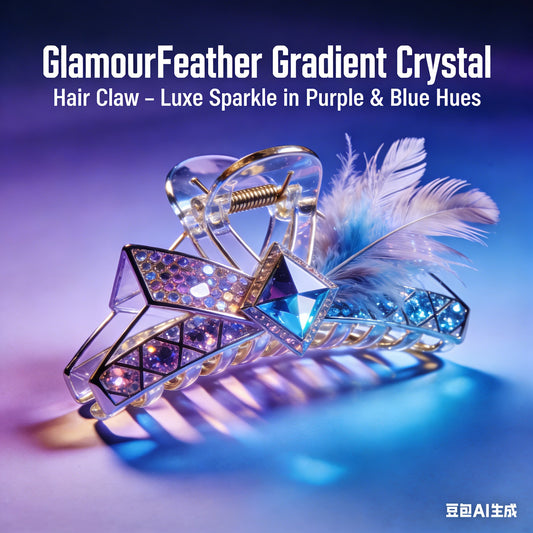 Cyber Dreamscape Feather & Gradient Crystal Hair Claw – One-of-a-Kind Purple-Blue Statement Accessory
