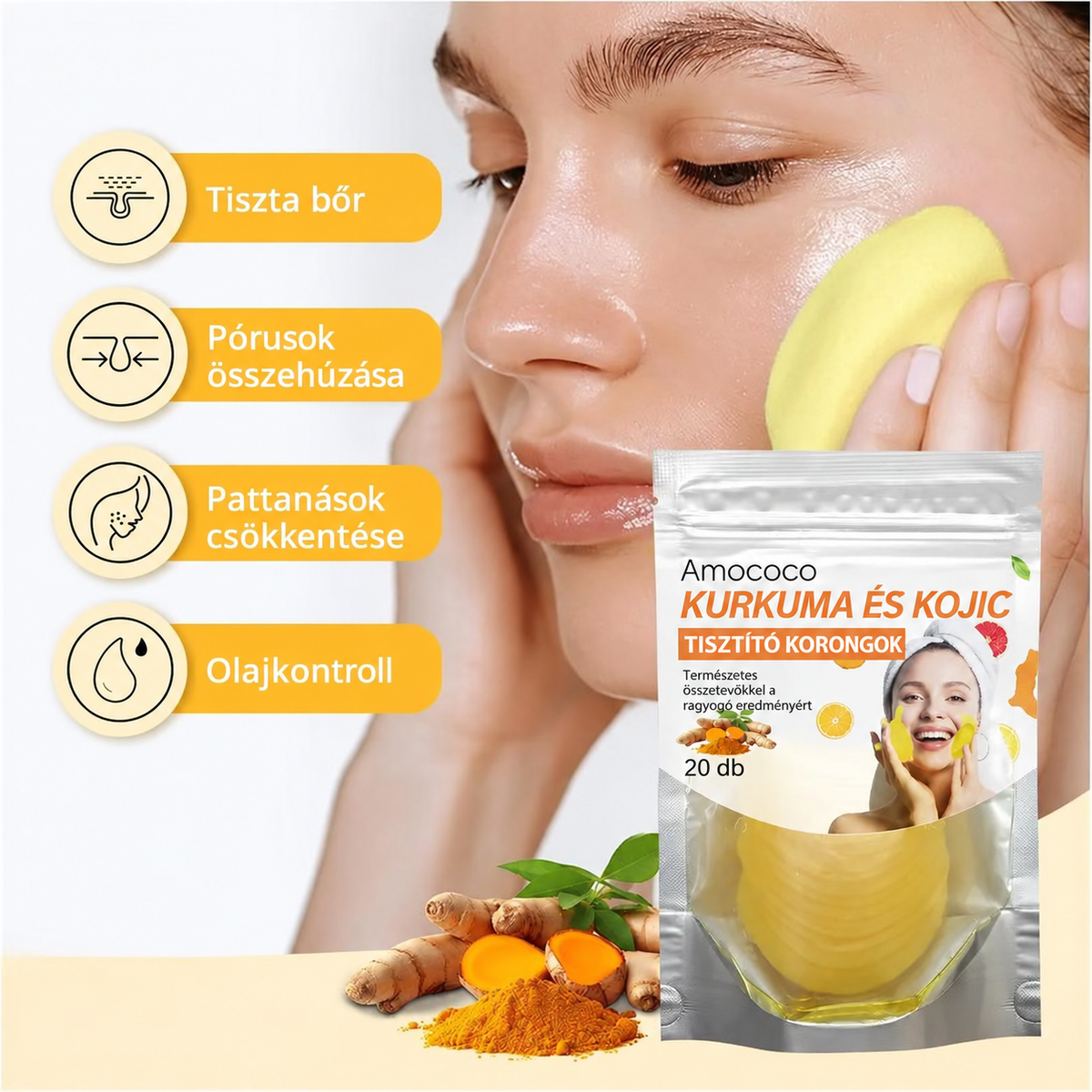 🍋Kurkuma + kojinsav tisztítókorongok, 🧼✨ mélytisztító hatással és ragyogást fokozó napi bőrápolási formulával 🍋