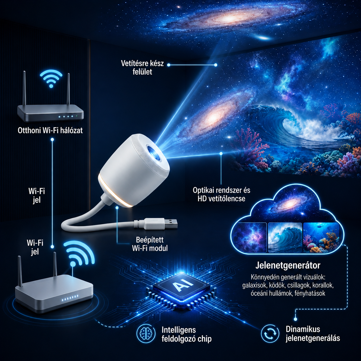 TIMNAMY® KÖVETKEZŐ GENERÁCIÓS OKOS PROJEKCIÓ HD Okos Dinamikus 5D Holografikus Éjszakai Fény Projektor  🌟🌟1