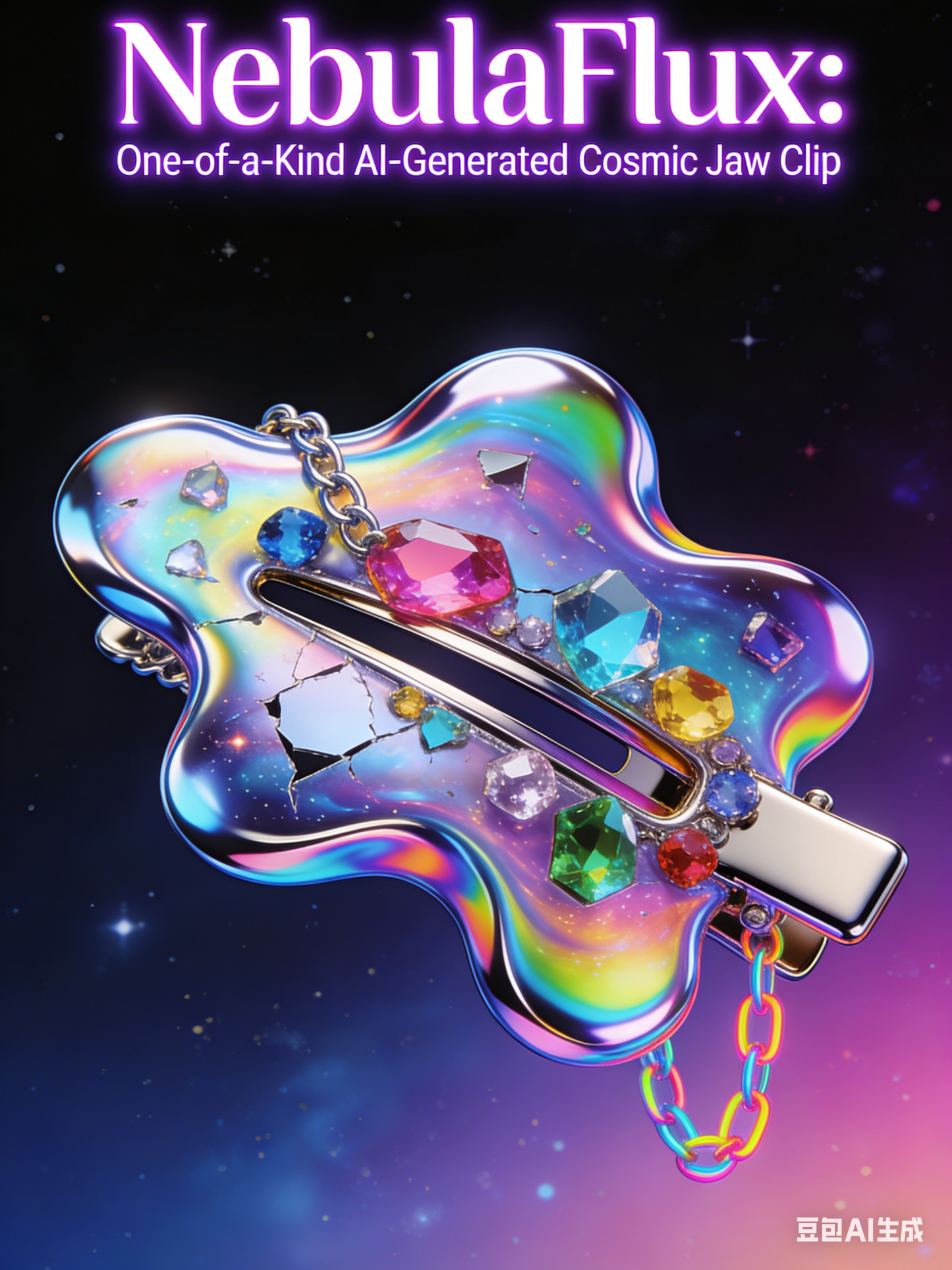 NebulaFlux Cosmic Jaw Clip – AI-Generated Liquid Holographic Frame with Irregular Gem & Shattered Mirror Embellishments (One-of-a-Kind Exclusive)