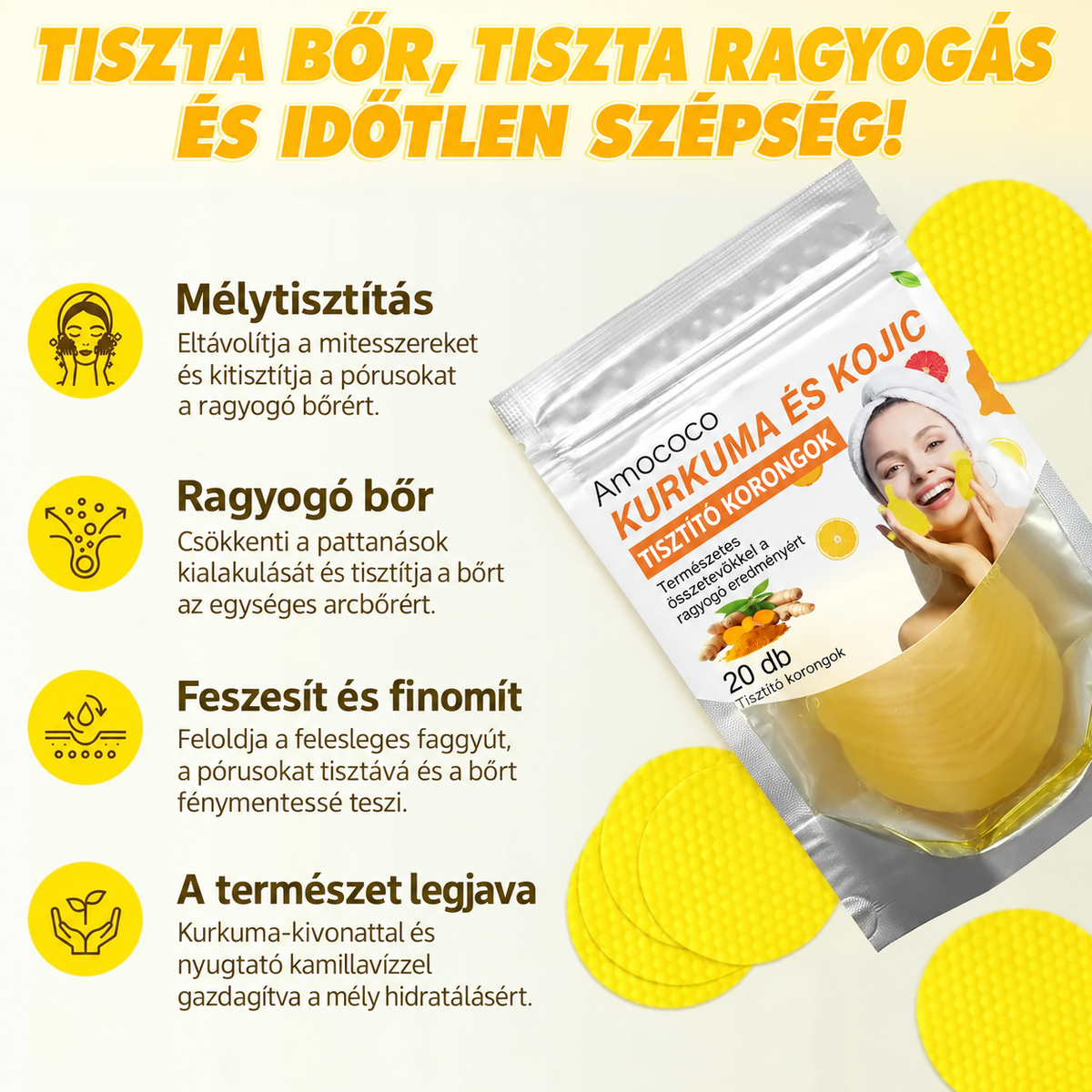 🍋Kurkuma + kojinsav tisztítókorongok, 🧼✨ mélytisztító hatással és ragyogást fokozó napi bőrápolási formulával 🍋