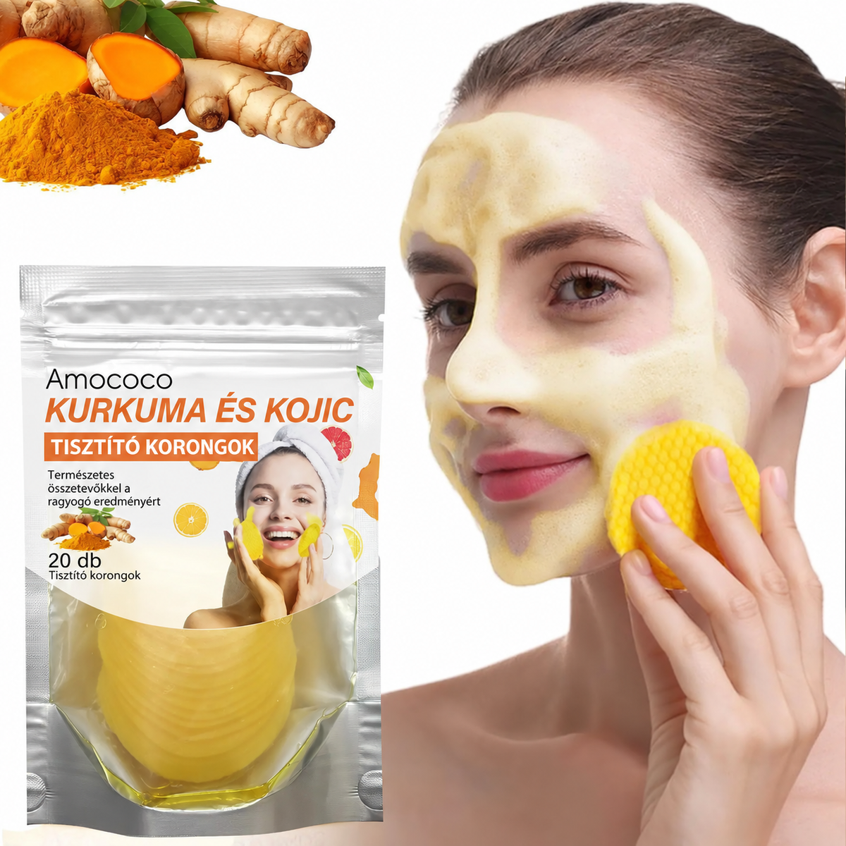 🍋Kurkuma + kojinsav tisztítókorongok, 🧼✨ mélytisztító hatással és ragyogást fokozó napi bőrápolási formulával 🍋