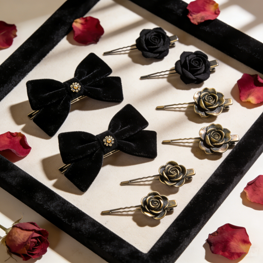 Luxury Black Velvet Bow Hair Pins | Women's Elegant Alloy Rose Decor Ponytail Barrettes for Daily & Party