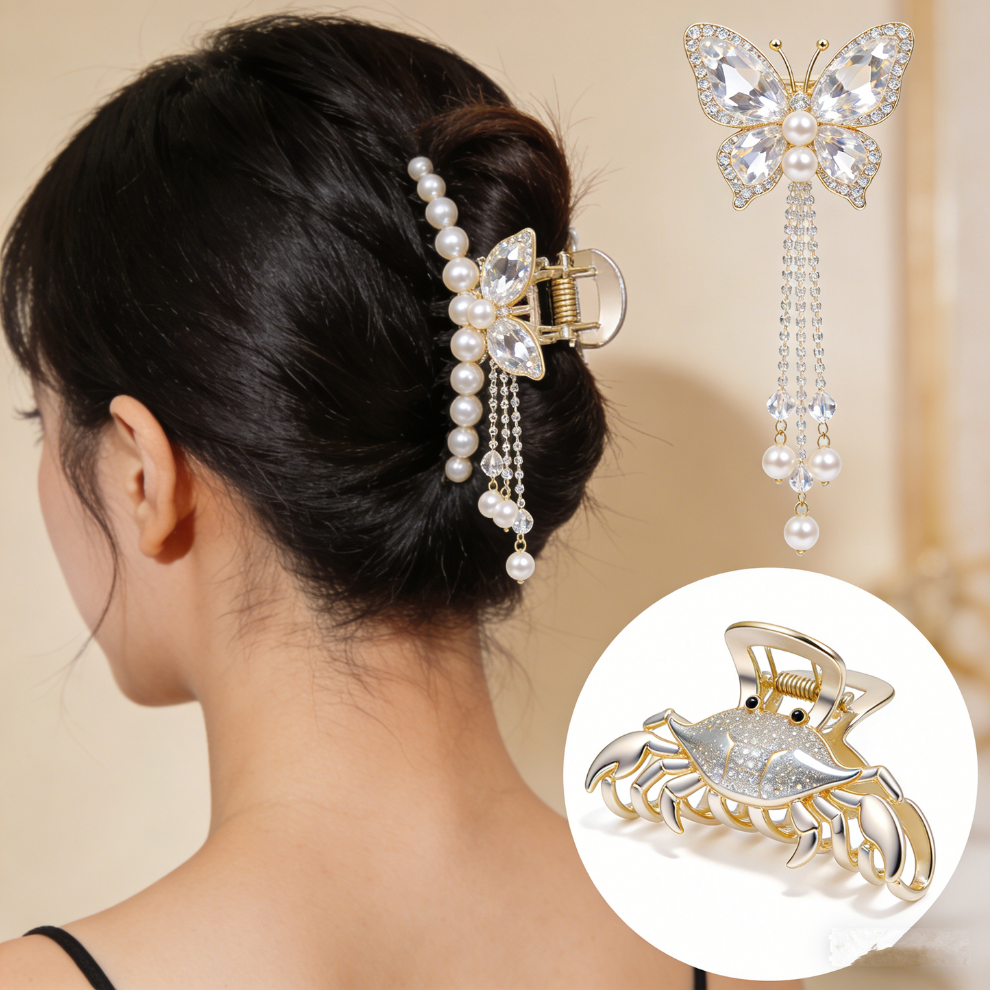 Luxury Korean Butterfly Pearl Tassel Hair Claw | Women Girls Crystal Non-Slip Shark Crab Barrettes