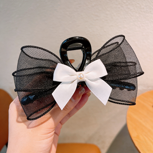 Women's Korean Mesh Tulle Big Bow Hair Claw | White Black Non-Slip Shark Clip Headdress