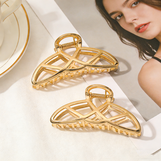 Luxury Gold Hollow Geometric Metal Hair Claw | Women's Elegant Cross Non-Slip Crab Clip
