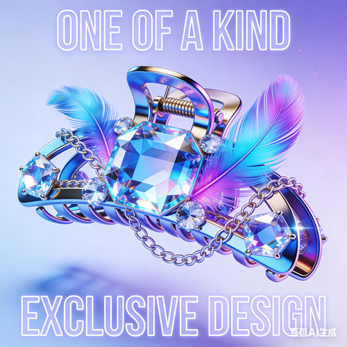 AI-Generated Hyper-Futuristic Jaw Clip – Giant Prismatic Crystal, Gradient Feather & Chain Embellished Exclusive One-of-a-Kind Hair Accessory
