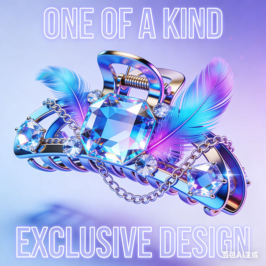 AI-Generated Hyper-Futuristic Jaw Clip – Giant Prismatic Crystal, Gradient Feather & Chain Embellished Exclusive One-of-a-Kind Hair Accessory